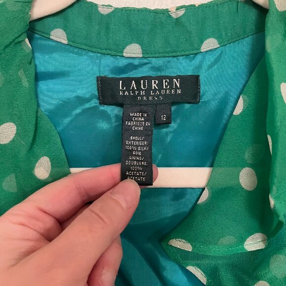 Ralph Lauren Green Polka Dot Size 12 100% Silk Dress - Picture 3 of 8